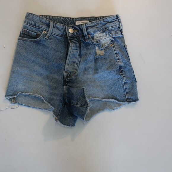 Womens Good American Style- GB802T Blue Distressed Raw Hem Button-Fly Shorts 25 - Picture 1 of 8